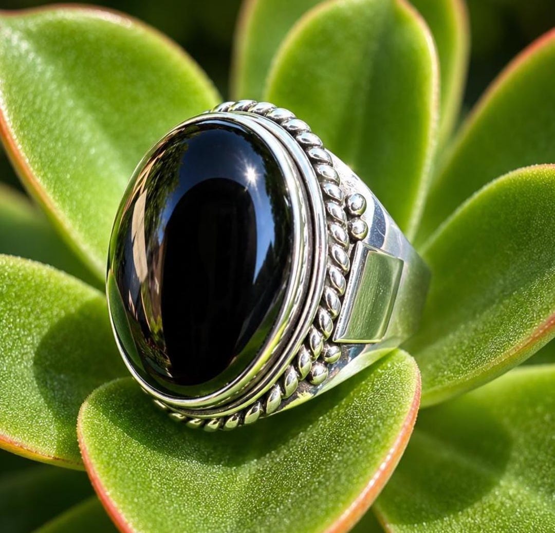 Sterling Silver Oval Black Onyx Statement Ring, Rope Edge Cocktail