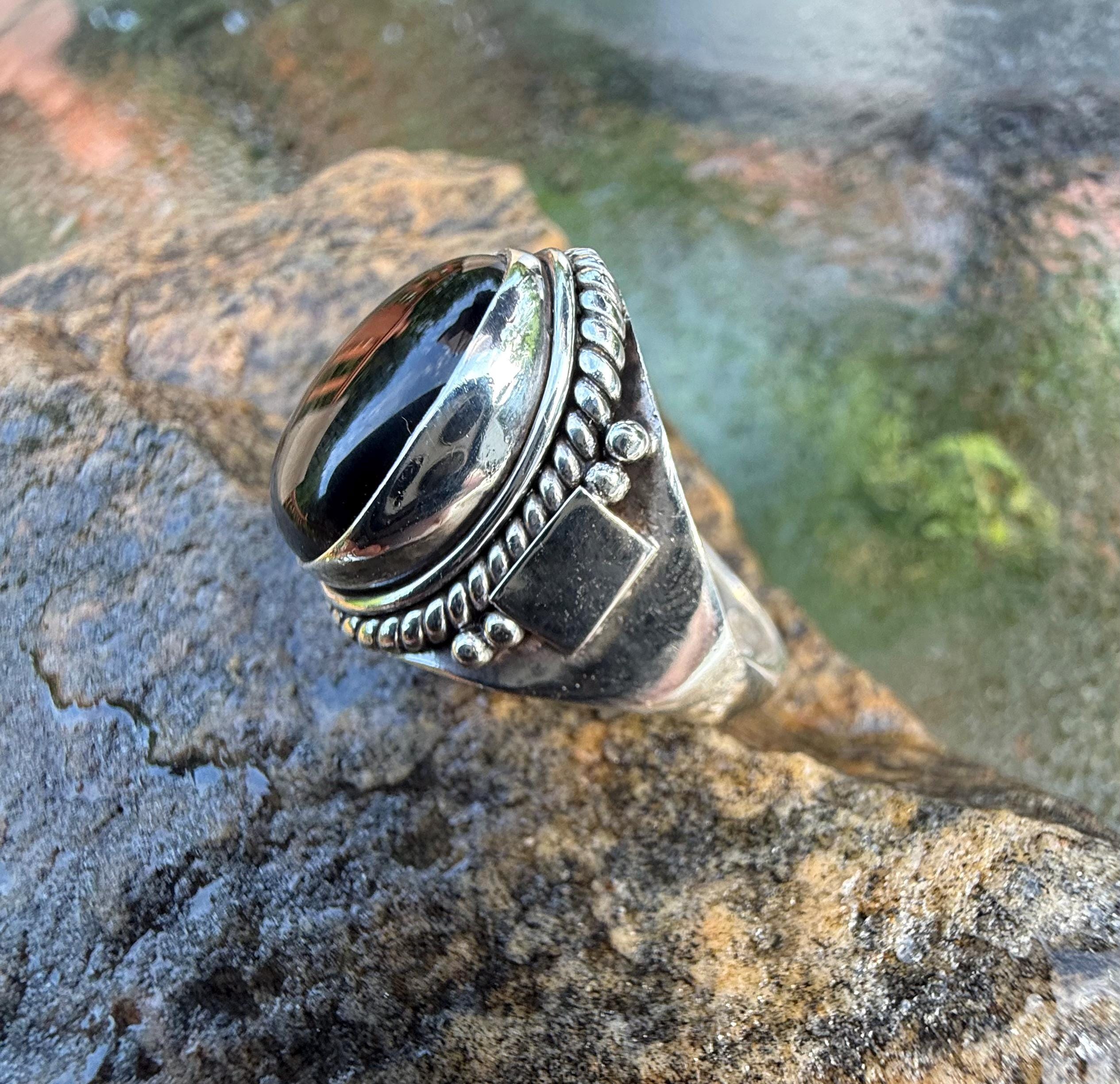 VINTAGE silver ring - black onyx 16号 Sterling Silver Oval Black Onyx Statement Ring, Rope Edge Cocktail