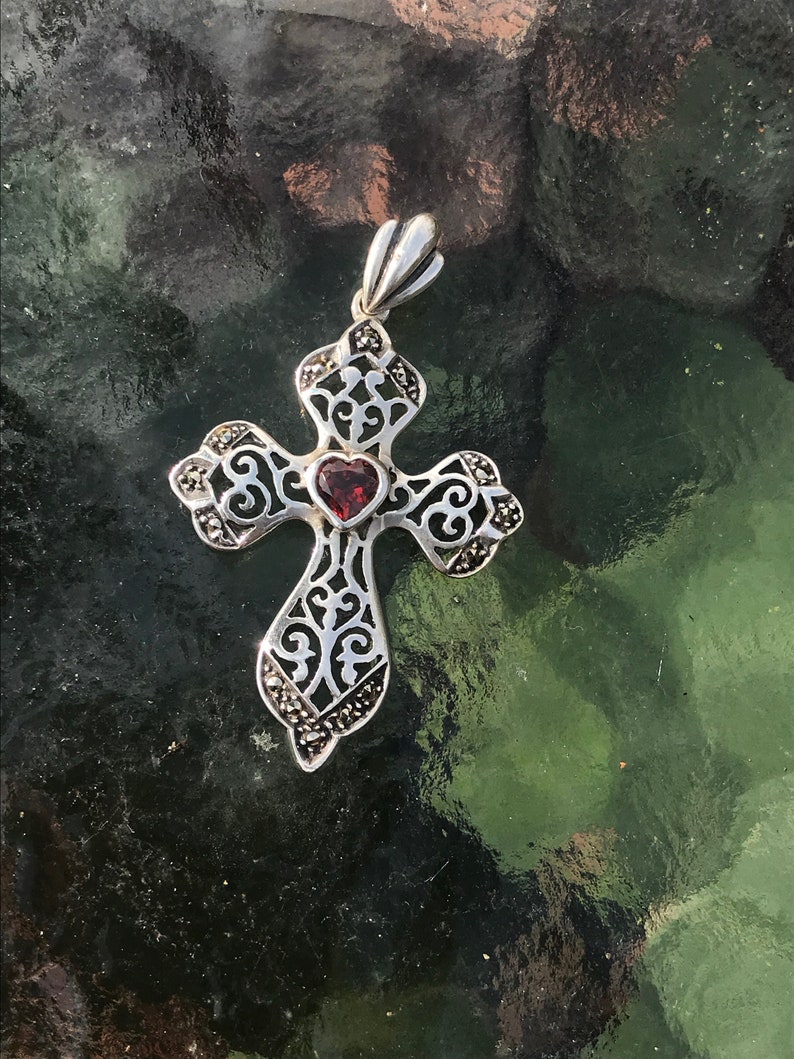 Cross Pendant Vintage 1.85 By 1.13 Sterling Silver With Marcasite And Red Stone