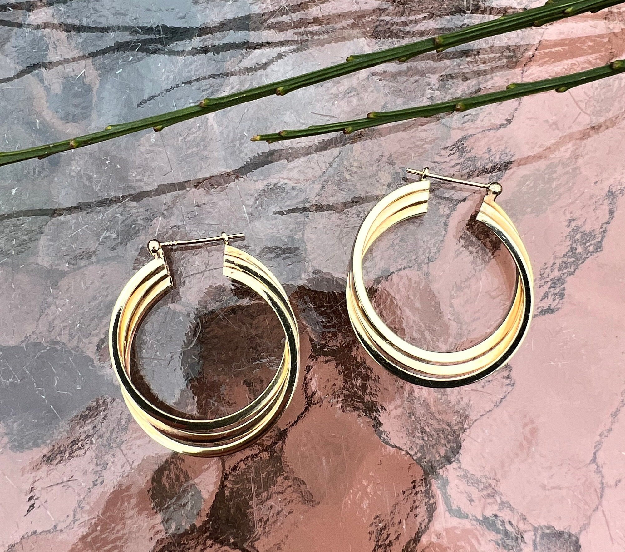 ◆VINTAGE HOLLYWOOD◆ Triple Mix Ring Earrings VH249OEA009M Vintage Triple Hoop Earrings - Vintage Beige 70s Triple Hoop