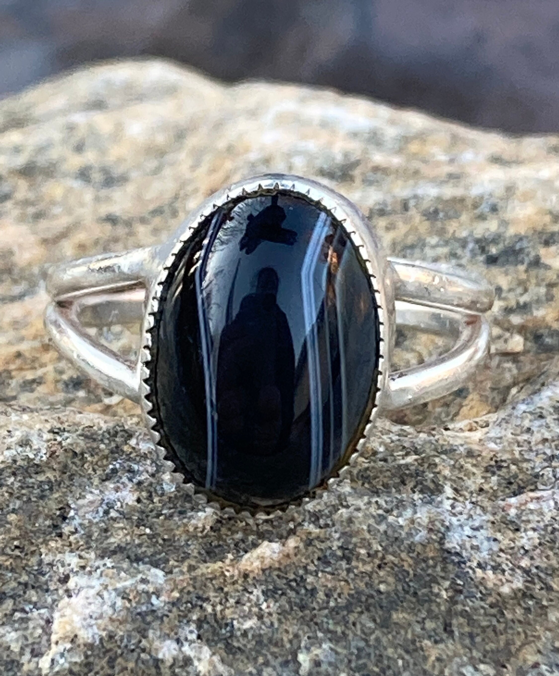 CTHY RING [ BLACK AGATE ] 13号 ANTIQUE Vintage, Sterling Silver, Black and White Agate Stone, Ring