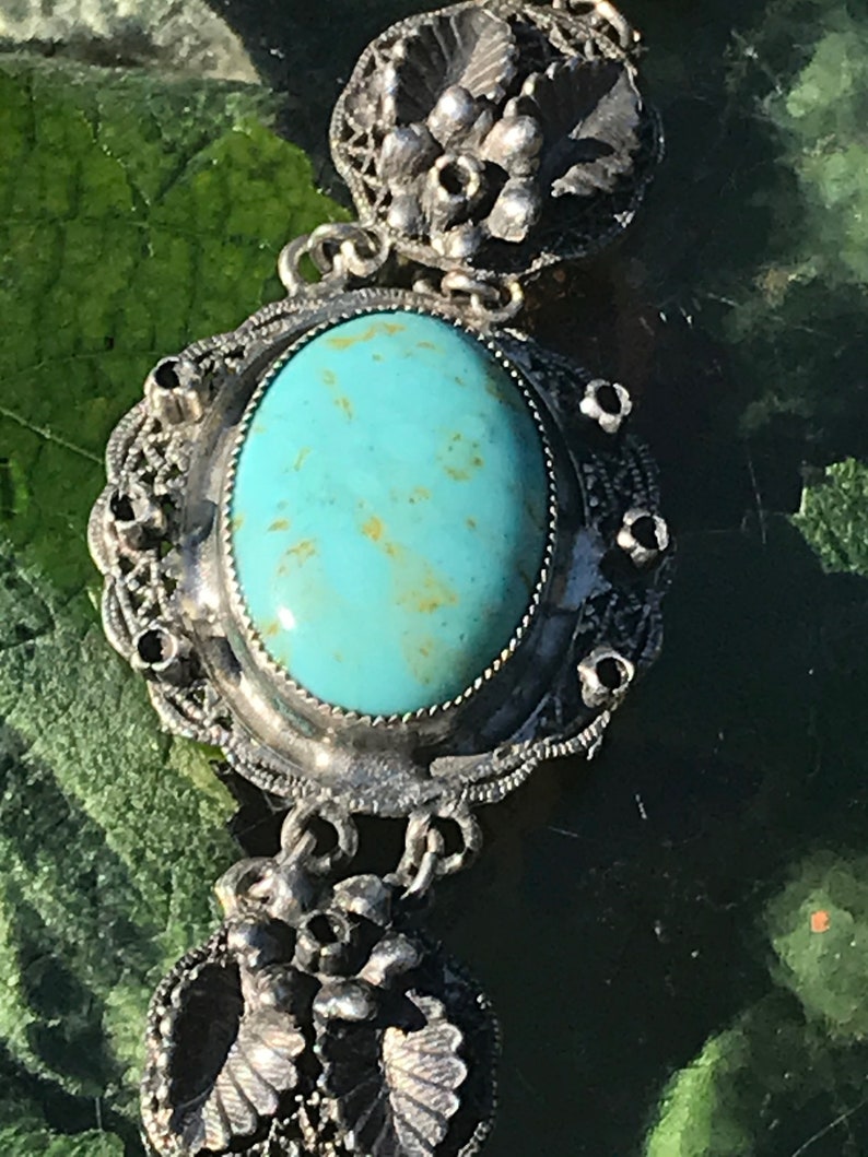 7 12 Flower Chain Link Bracelet Vintage Sterling Silver With Turquoise
