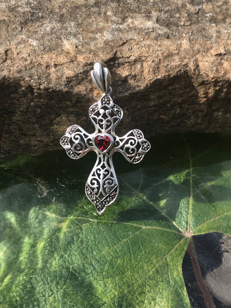 Cross Pendant Vintage 1.85 By 1.13 Sterling Silver With Marcasite And Red Stone