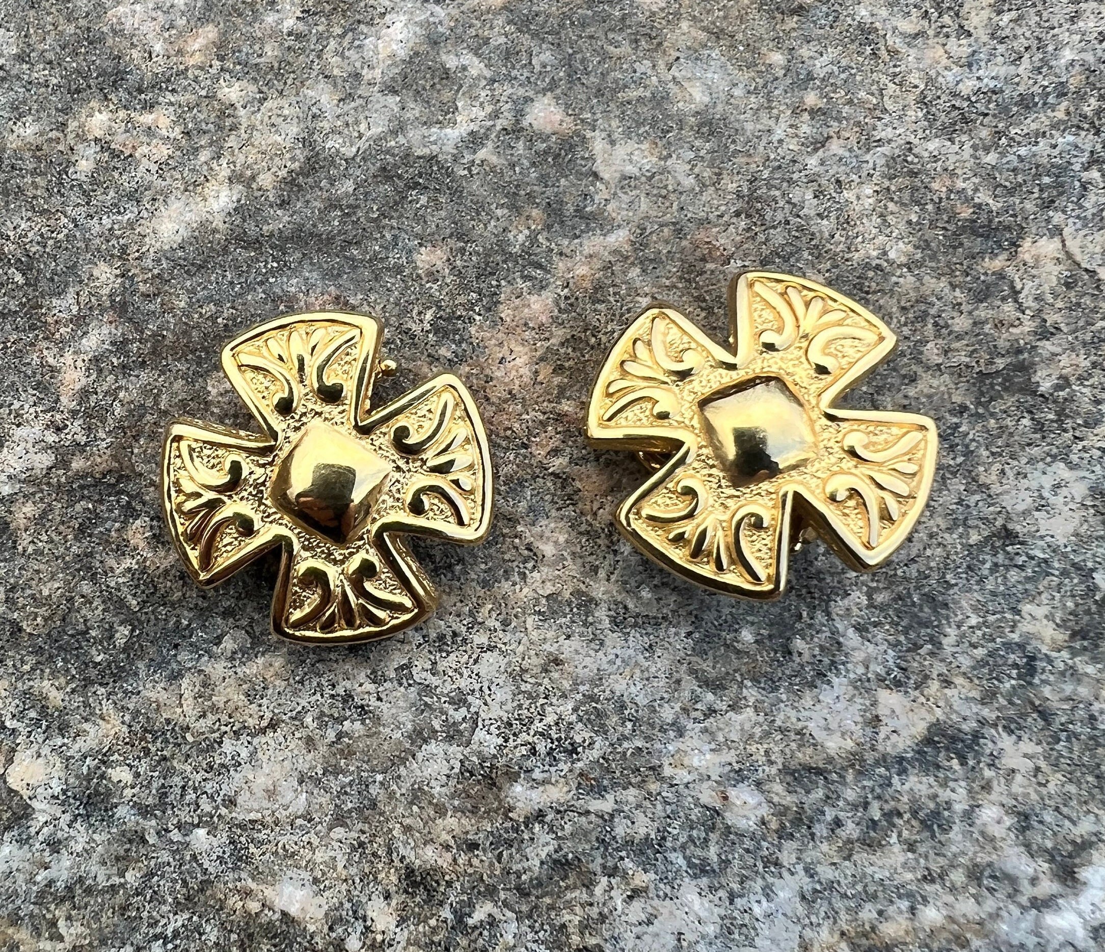 Vintage, 14K Gold, Italian Cross Clip on Earrings, .76