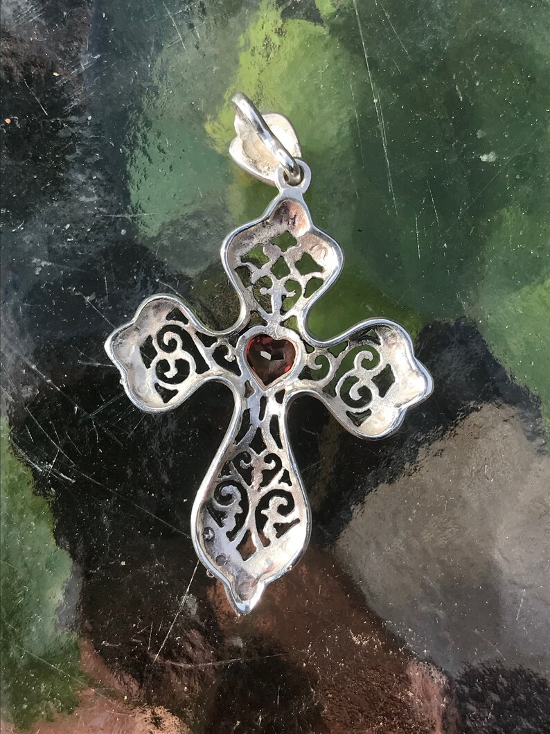 Cross Pendant Vintage 1.85 By 1.13 Sterling Silver With Marcasite And Red Stone