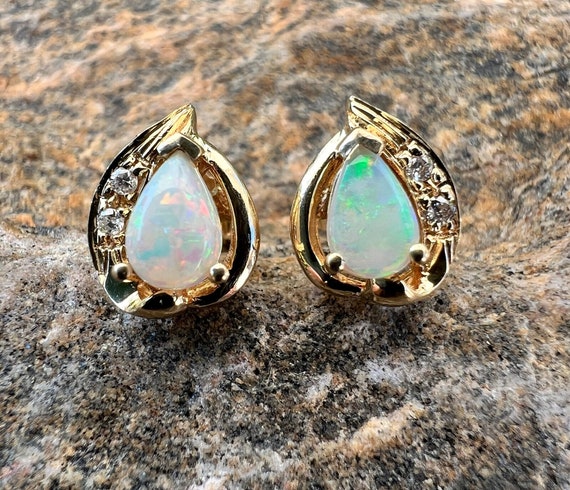 Vintage, 14K Gold, Opal And Diamond Stud Earrings… - image 1
