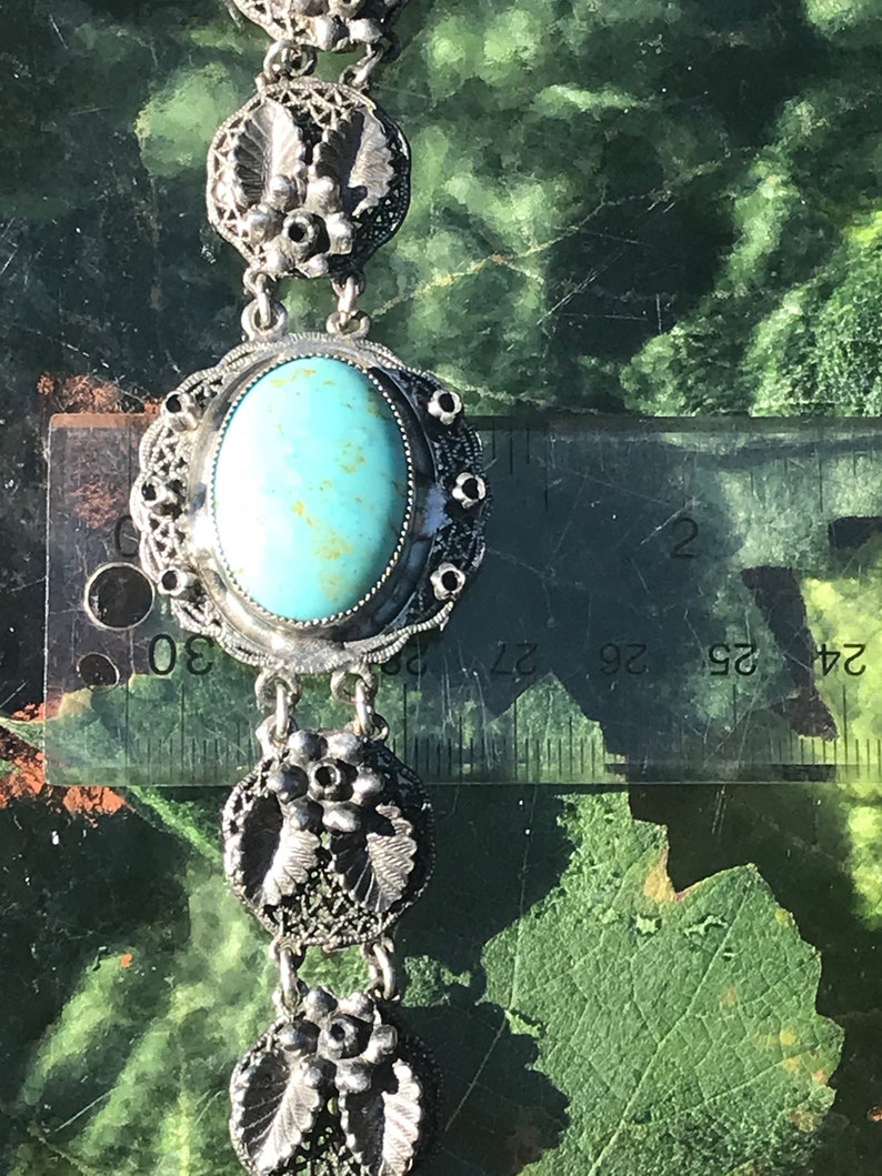 7 12 Flower Chain Link Bracelet Vintage Sterling Silver With Turquoise