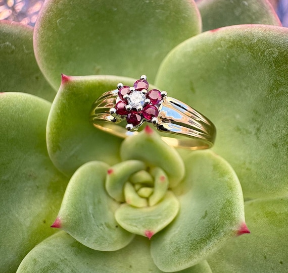 Vintage, 14K Gold, Ruby And Diamond Flower Ring, … - image 2