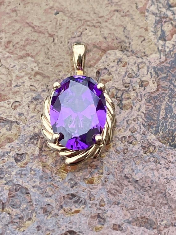 Vintage, 14K Gold, Purple Amethyst CZ, Oval Penda… - image 1