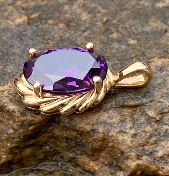 Vintage, 14K Gold, Purple Amethyst CZ, Oval Penda… - image 3