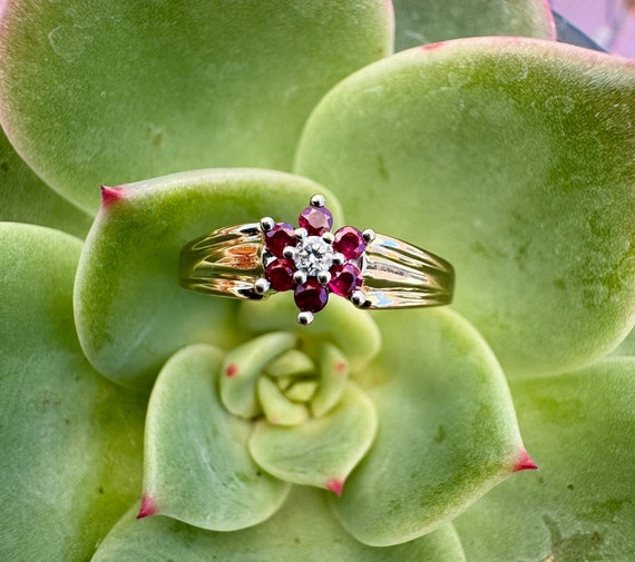 Vintage, 14K Gold, Ruby And Diamond Flower Ring, … - image 1