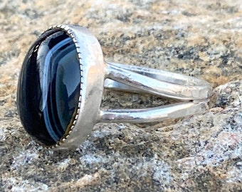 Vintage, Sterling Silver, Black and White Agate Stone, Ring