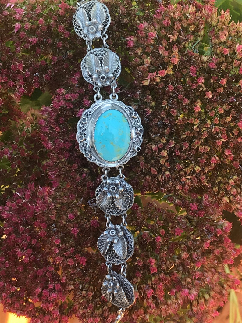 7 12 Flower Chain Link Bracelet Vintage Sterling Silver With Turquoise