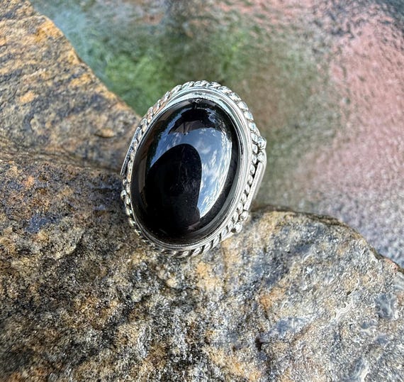 Sterling Silver Oval Black Onyx Statement Ring, Rope Edge Cocktail