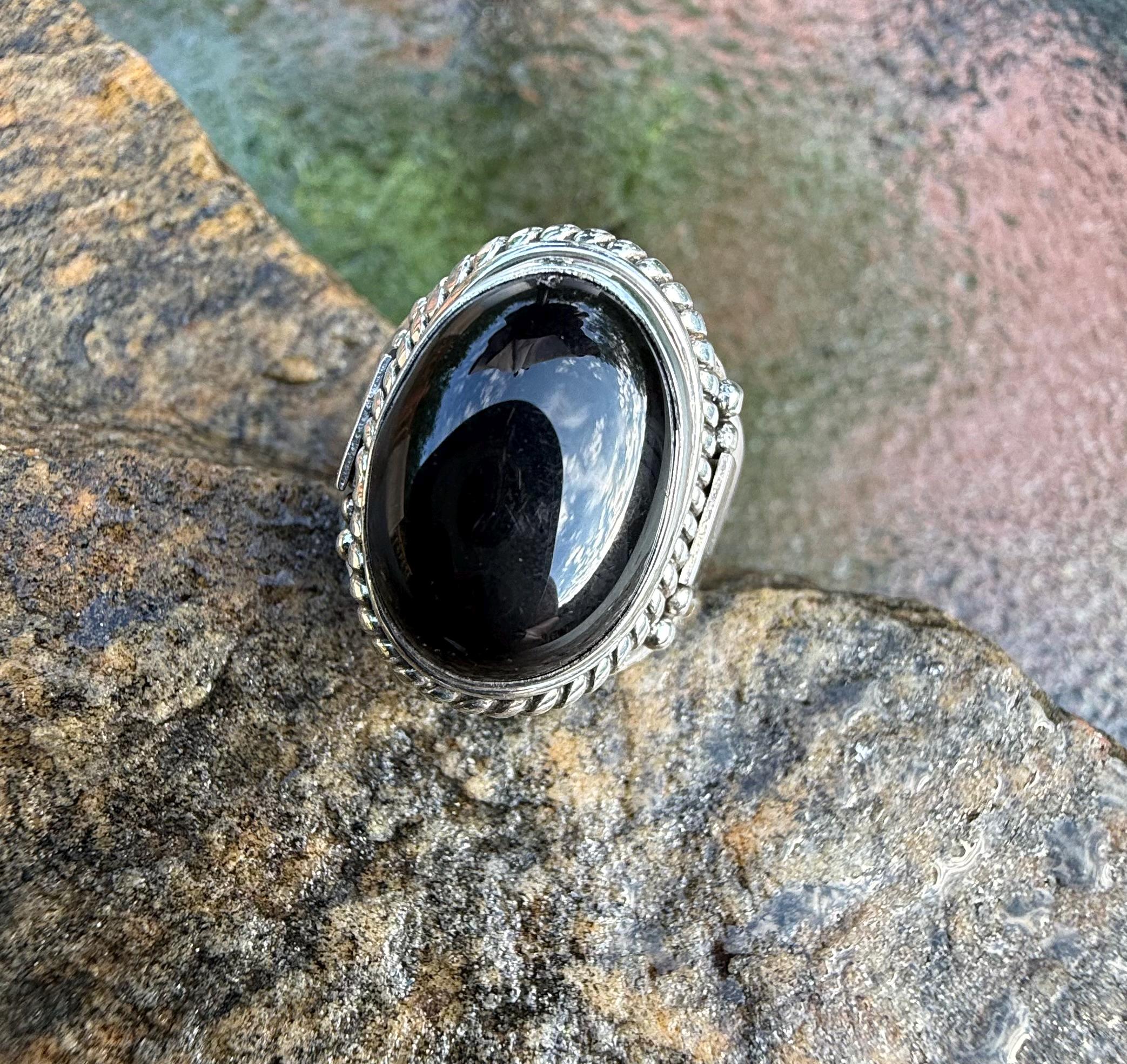 Sterling Silver Oval Black Onyx Statement Ring, Rope Edge Cocktail