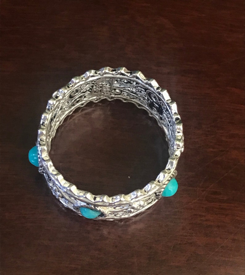 Israel Filigree Ring With Teal Dots Sterling Silver Size 6 Vintage