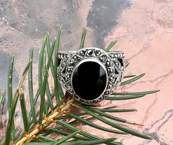 Bague En Argent Sterling 925 Avec Onyx Et Marcassites - Taille 57 Style Art Déco/Gothique - Neuf