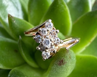 Vintage 14K Yellow Gold Diamond Cluster Ring, Floral Setting, Size 5 1/2