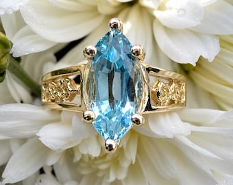 Vintage 10K Gold Marquise Blue Topaz Ring - Size 5.5