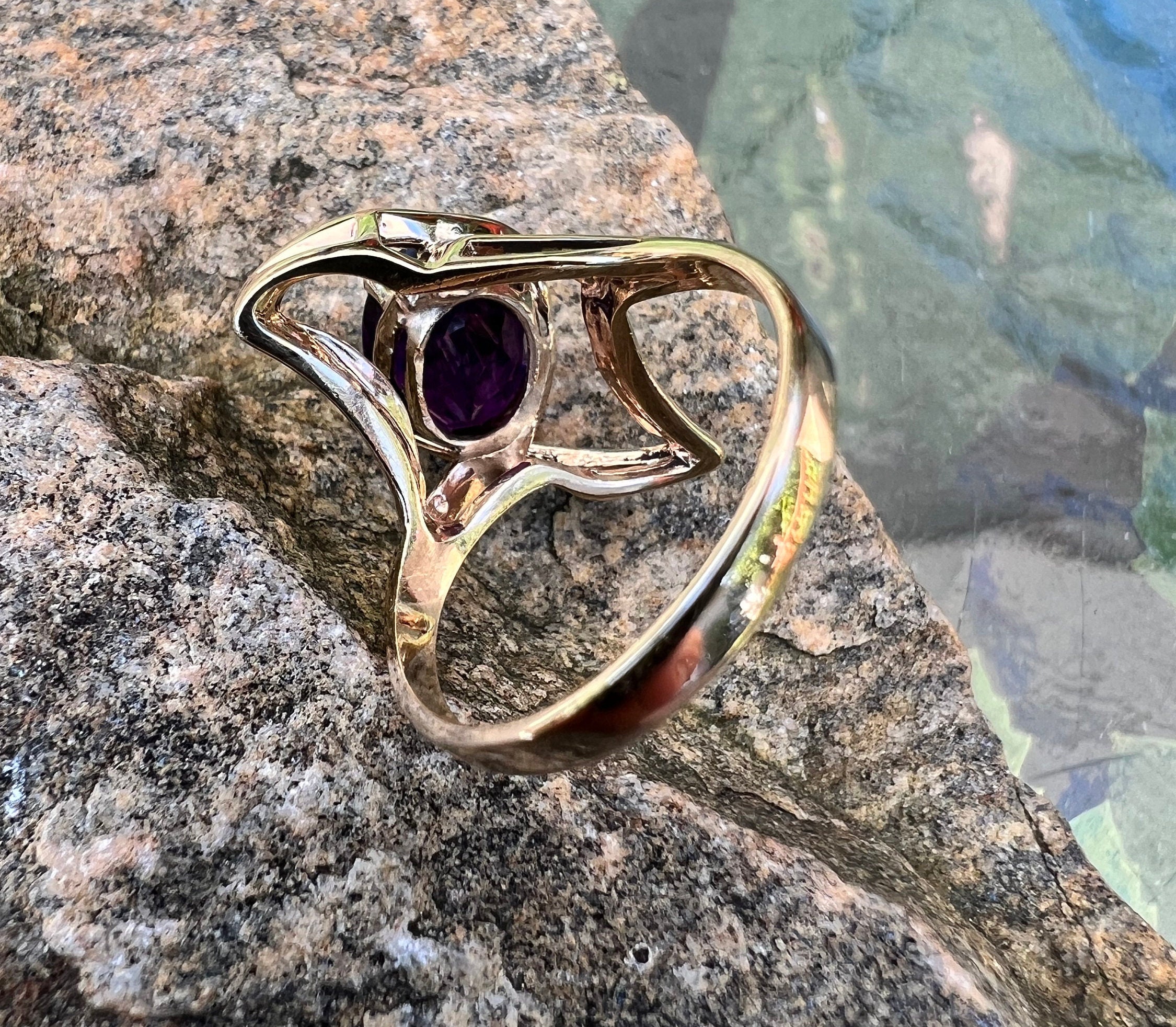 Bague Vintage En Or 14 Carats (585) Avec Améthyste - Taille 7.5 - Norvège 1956 - Occasion