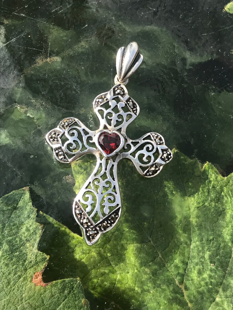 Cross Pendant Vintage 1.85 By 1.13 Sterling Silver With Marcasite And Red Stone
