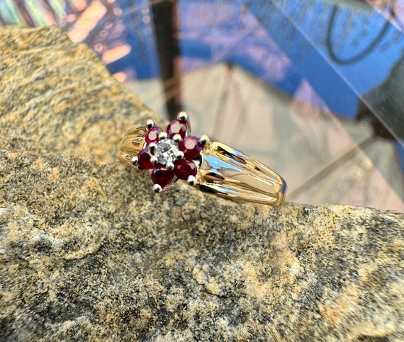 Vintage, 14K Gold, Ruby And Diamond Flower Ring, … - image 8