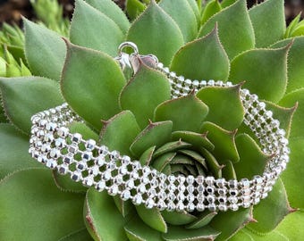 Vintage Sterling Silver Italy Beaded Chain Link Bracelet, 925 BIB Italian Silver Mesh Bracelet, 7.5 Inch
