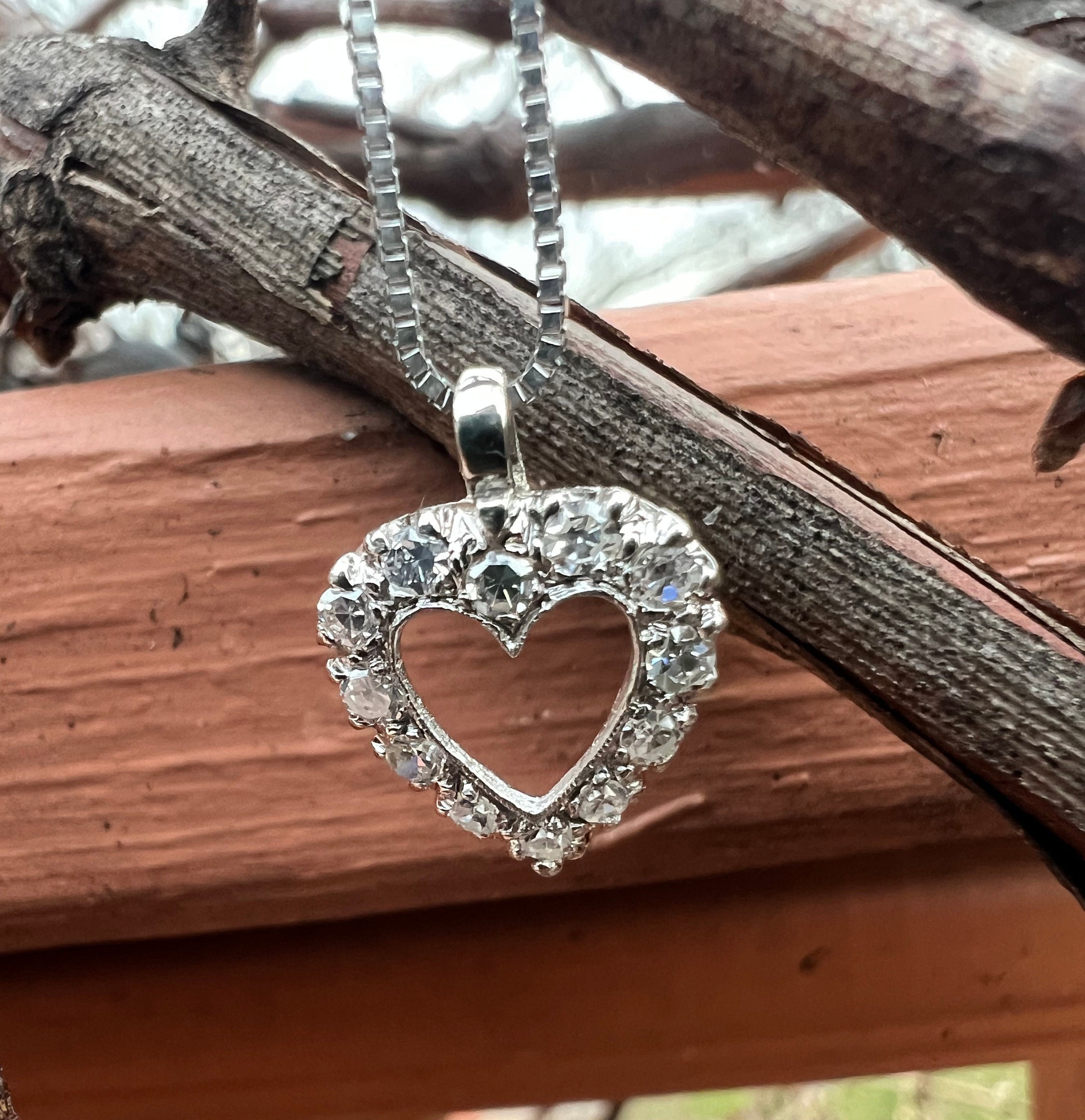 Vintage, 14K Gold, White Gold, Diamond Heart Pendant