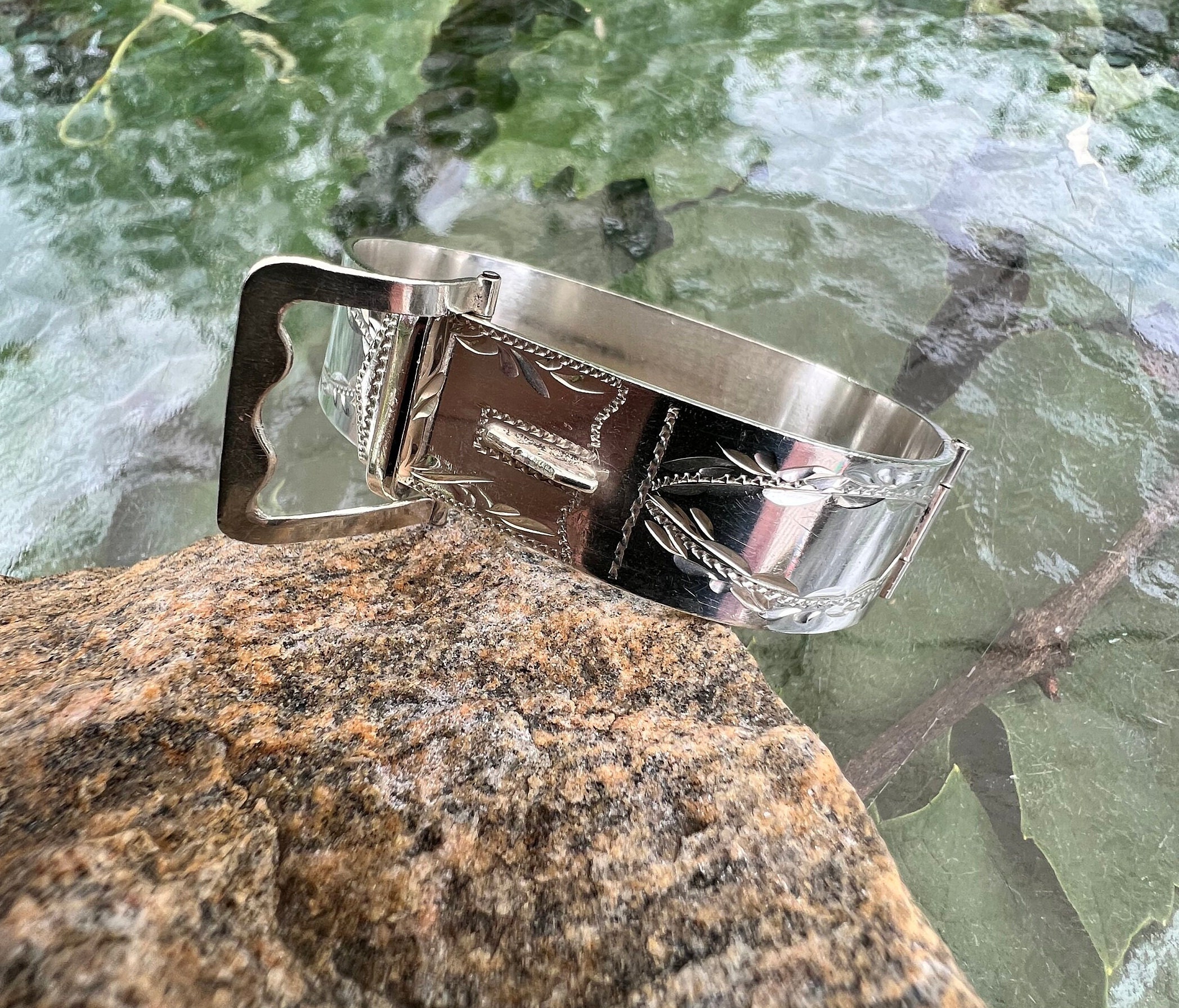 Vintage, Sterling Silver, Belt Buckle, Etched Bracelet, Hallmarked