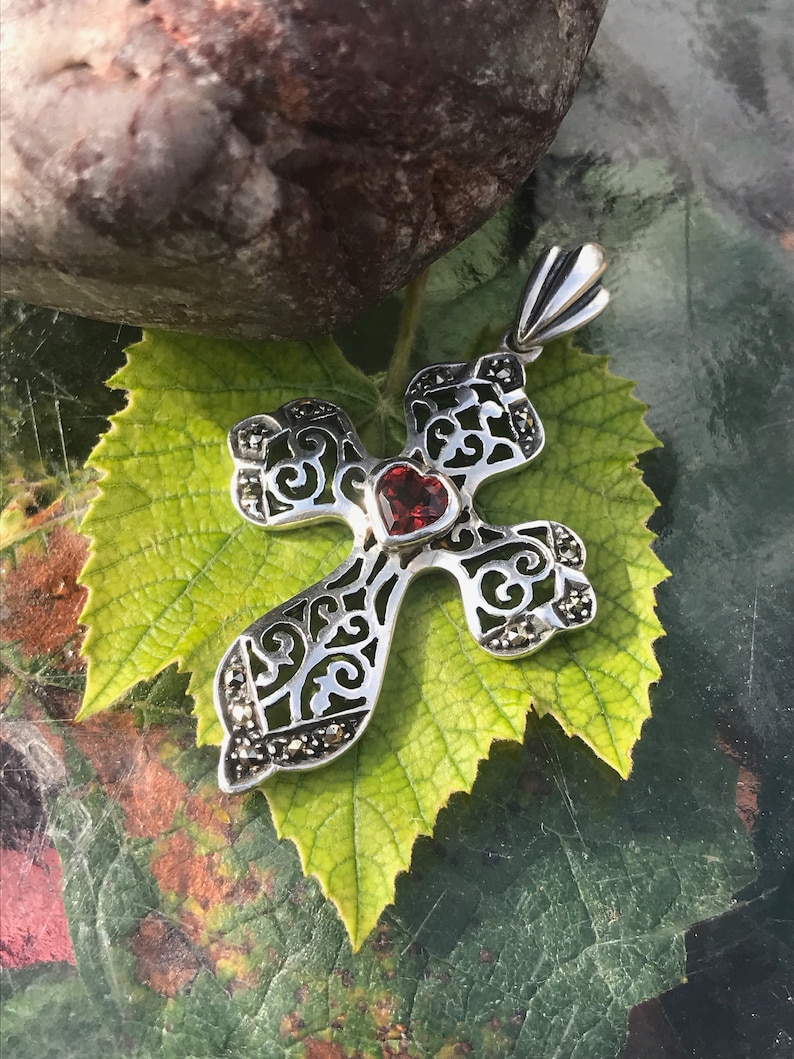 Cross Pendant Vintage 1.85 By 1.13 Sterling Silver With Marcasite And Red Stone
