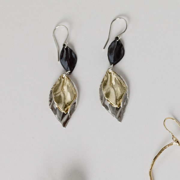 Handmade Triple Leaf Three Tone Silver Drop Earrings - Perfect For Mother's Day - Solid Sterling Silver