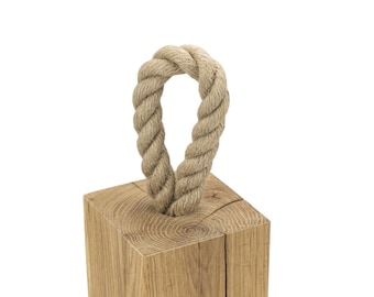 Handgjort dörrstopp i ek med tvinnat jute, massivt rustikt träklosshållare, inbjudande trägåva, grå gråaktig