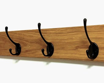 Natural SOLID OAK Coat Rack Rail, Handmade Wooden Entryway Furniture Cast Iron Hooks Towel hanger, Wall mounted metal retro classic