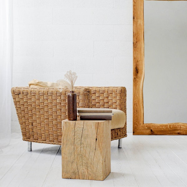 Bespoke solid Oak Cube Block up to 38x38cm, Bedside Coffee Side Drink Lamp Table Rustic Wood Slab, Nightstand Industrial Beam Huge Large