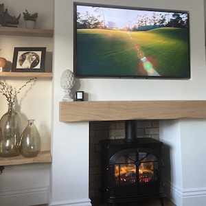 Schwimmende Eiche Mantel Regal-Maßanfertigungen, vorgebohrt, Befestigungen inklusive, geölt Kamin Kaminsims Holz Lintel ofen Brennofen Mantel beem