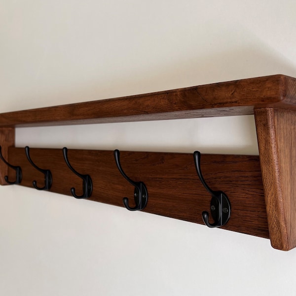 Dark SOLID OAK Coat Rack with Shelf,  Handmade Wooden Entryway Shelf with Cast Iron Hooks, Towel hanger, Wall mounted metal retro classic