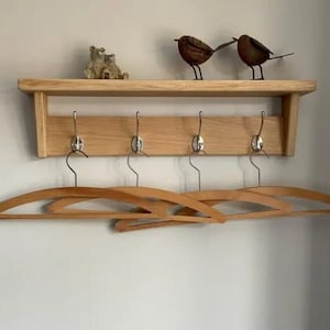 SOLID OAK Coat Rack with Shelf,  Coat Hook, Handmade Wooden Entryway with Cast Iron Hooks, Towel Hanger Wall mounted, porte manteau mural