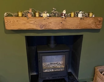 Solidna dębowa belka kominkowa - WSZYSTKIE ROZMIARY Wstępnie nawiercone, darmowe mocowania, naturalny drewniany kominek, drewniana nadproże, półka kominkowa, rustykalny piecyk na drewno