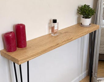 Mesa consola - Roble macizo con patas de horquilla, muebles de recibidor hechos a mano, cubierta de radiador estrecha rústica hecha a mano a medida