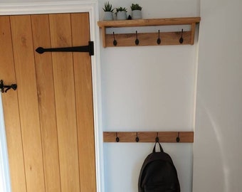 SET of 2 Oak Coat Racks, Coat Hook, Handmade Wooden Entryway Shelf with Cast Iron Hooks, Towel hanger