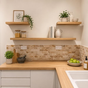 May include: A well-lit kitchen with wooden shelves holding plants, jars, and books. A countertop features a cutting board, mortar and pestle, and a bowl of green apples. The backsplash is tiled, and the cabinets are white.