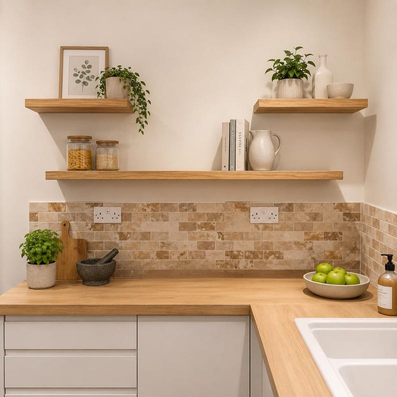 May include: A well-lit kitchen with wooden shelves holding plants, jars, and books. A countertop features a cutting board, mortar and pestle, and a bowl of green apples. The backsplash is tiled, and the cabinets are white.