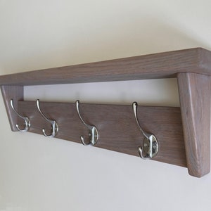 Natural SOLID OAK Coat Rack with Shelf, Handmade Wooden Entryway Shelf with Cast Iron Hooks, Towel hanger, Wall mounted metal retro classic image 8