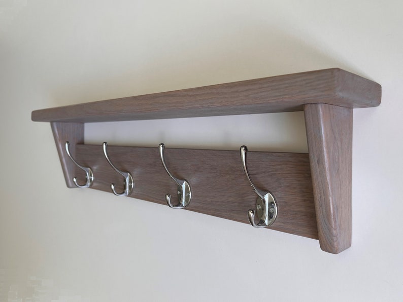 Natural SOLID OAK Coat Rack with Shelf, Handmade Wooden Entryway Shelf with Cast Iron Hooks, Towel hanger, Wall mounted metal retro classic image 8