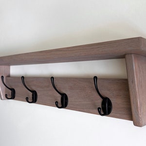 Natural SOLID OAK Coat Rack with Shelf, Handmade Wooden Entryway Shelf with Cast Iron Hooks, Towel hanger, Wall mounted metal retro classic image 7