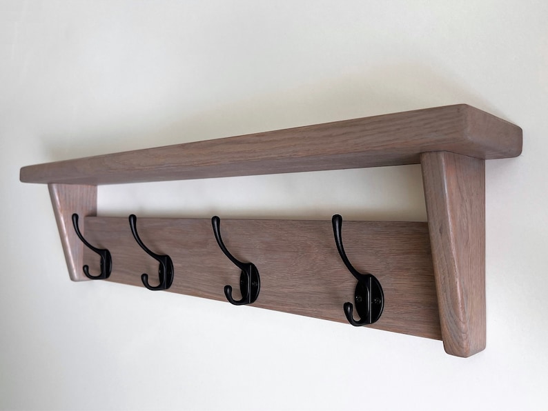 Natural SOLID OAK Coat Rack with Shelf, Handmade Wooden Entryway Shelf with Cast Iron Hooks, Towel hanger, Wall mounted metal retro classic image 7