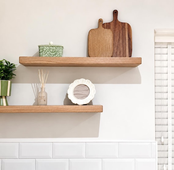 Handcrafted Solid Oak Floating Shelf 4cm thick Different Sizes Oiled Ready to Fix Pre-Drilled Wooden Shelving Rustic Shelves Kitchen Storage