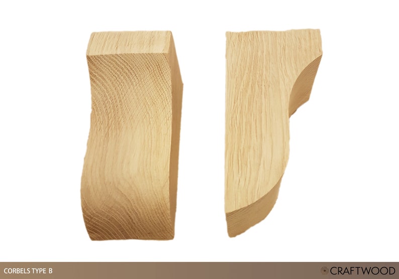 May include: Two wooden corbels, type B, in a light wood tone. The corbels are shaped like a curved bracket, with a flat top and a rounded bottom.