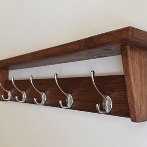 Natural SOLID OAK Coat Rack with Shelf, Handmade Wooden Entryway Shelf with Cast Iron Hooks, Towel hanger, Wall mounted metal retro classic image 6