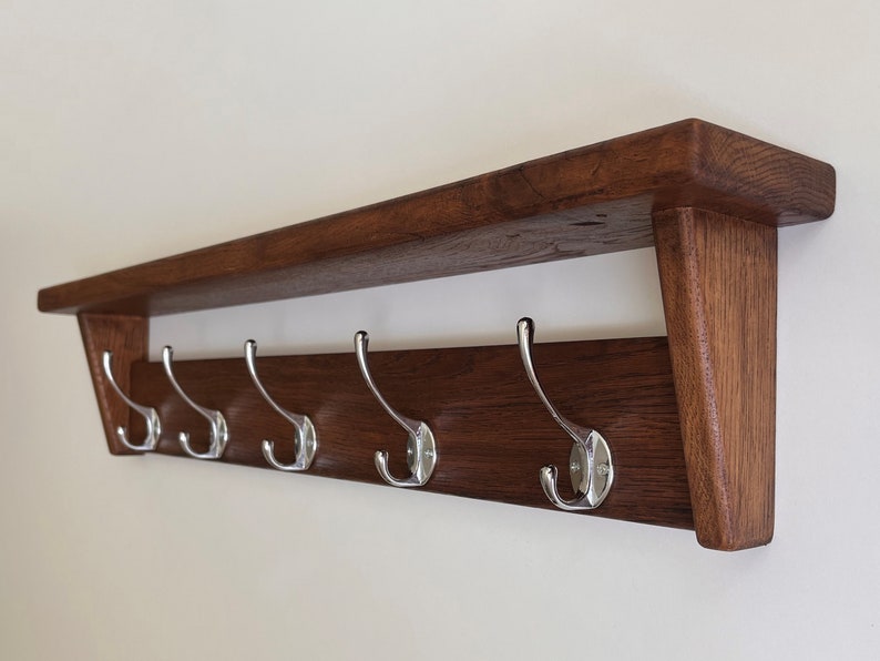 Natural SOLID OAK Coat Rack with Shelf, Handmade Wooden Entryway Shelf with Cast Iron Hooks, Towel hanger, Wall mounted metal retro classic image 6